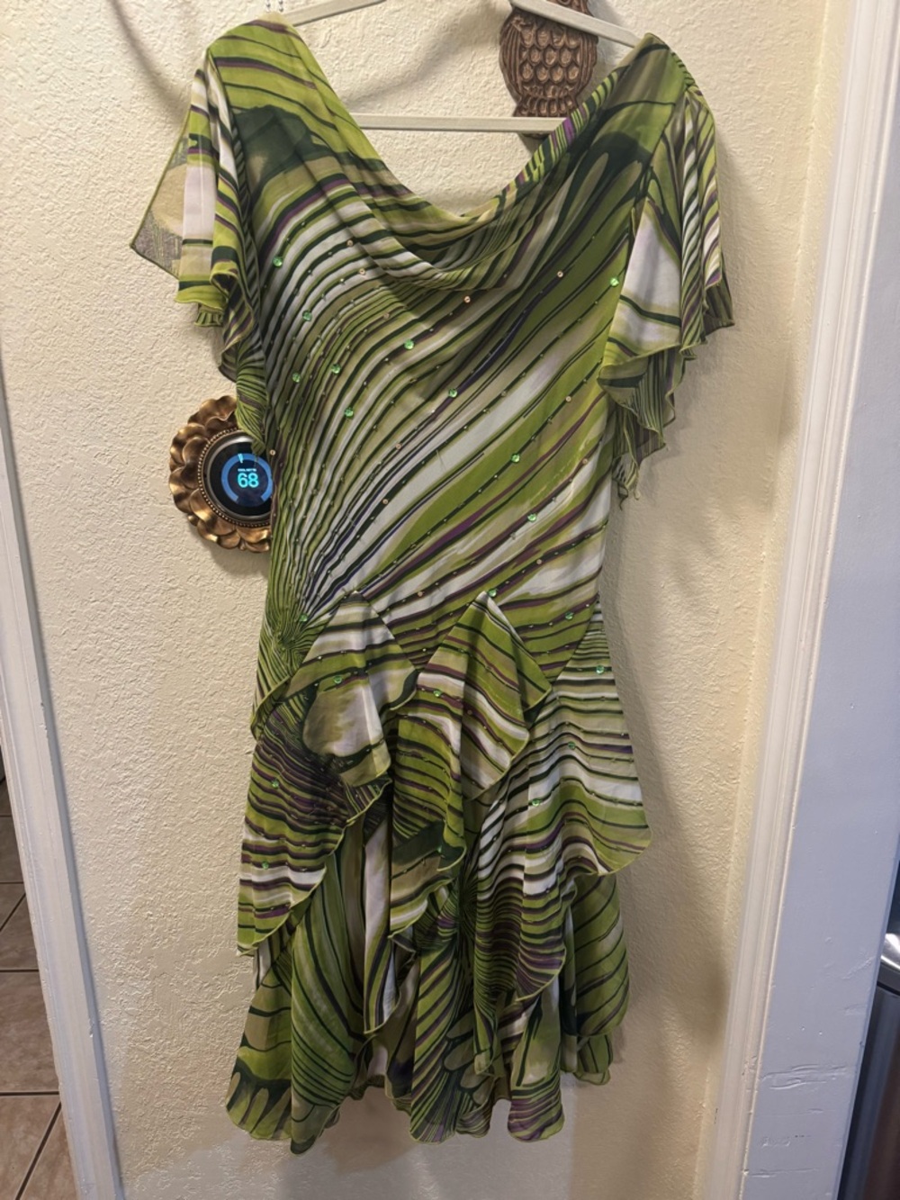 Green Striped Ruffled Midi Dress with Bead Accents